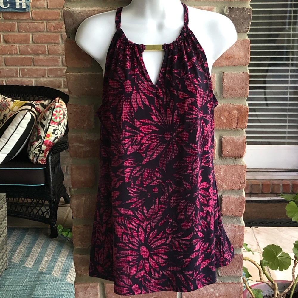 MICHAEL KORS Navy Blue Fuschia Pink Floral Sleeveless Top Medium NWT